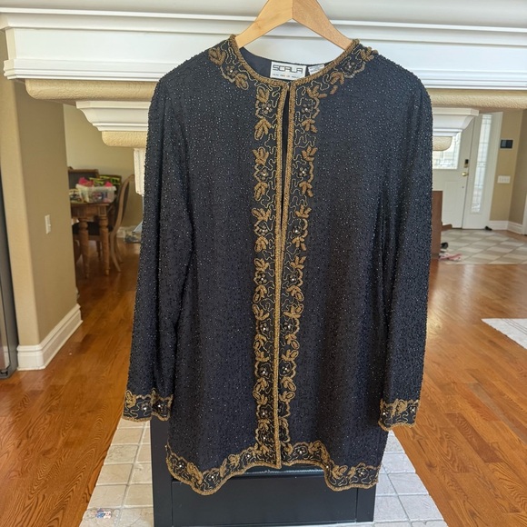 Scala Vintage Black Beaded Silk Open Front Evening Jacket Gold Boarder XL - Picture 1 of 10